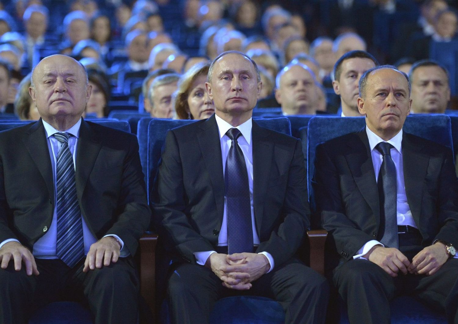 Direttore dell'intelligence russa, servizi segreti, Fradkov, il Presidente Putin e il direttore del Servizio di Sicurezza Federale Bortnikov (Reuters)&nbsp;