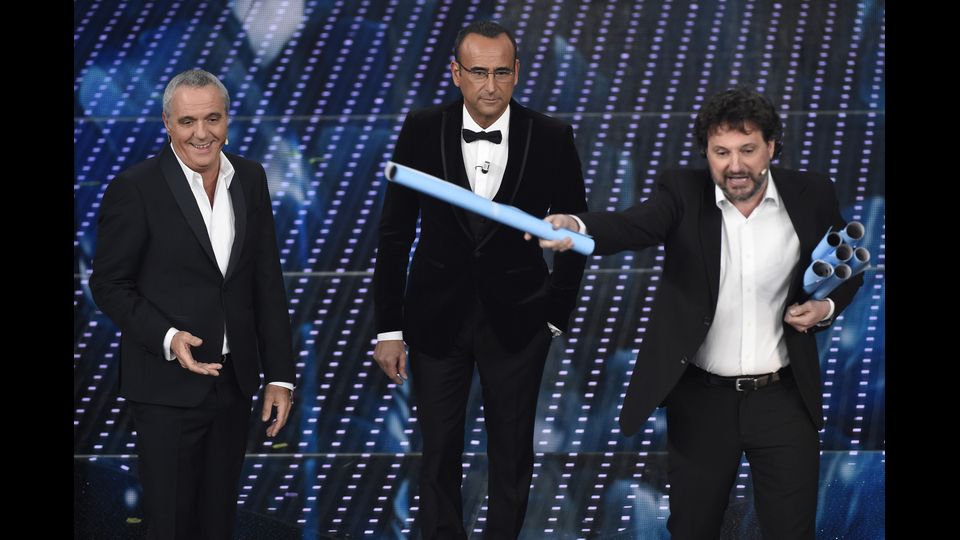 &nbsp;Giorgio Panariello, Carlo Conti, Leonardo Piaraccioni. 66&deg; Festival della Canzone Italiana, finale&nbsp;(Agf)