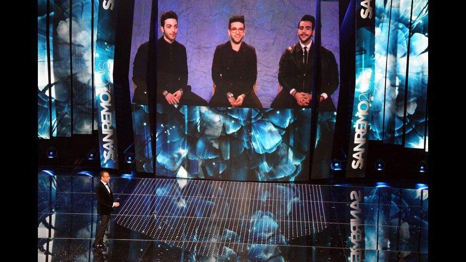 &nbsp;Carlo Conti con Il Volo,&nbsp;66&deg; Festival della Canzone Italiana, finale (Ravaglifoto)