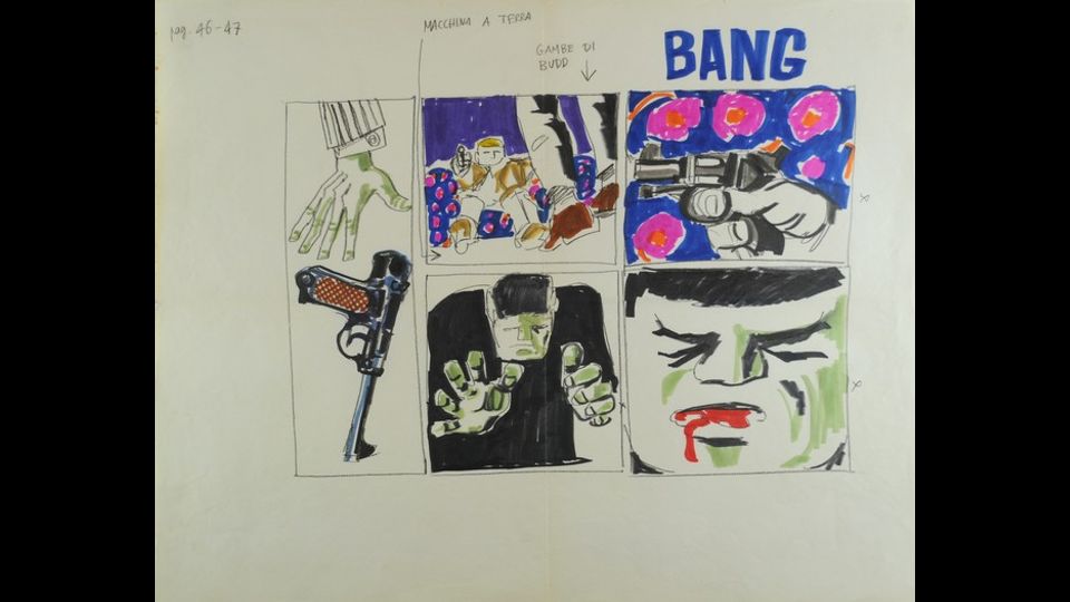 Tavola di Guido Crepax per lo storyboard di 'Col cuore in gola' (&copy;Archivio privato di Tinto Brass)