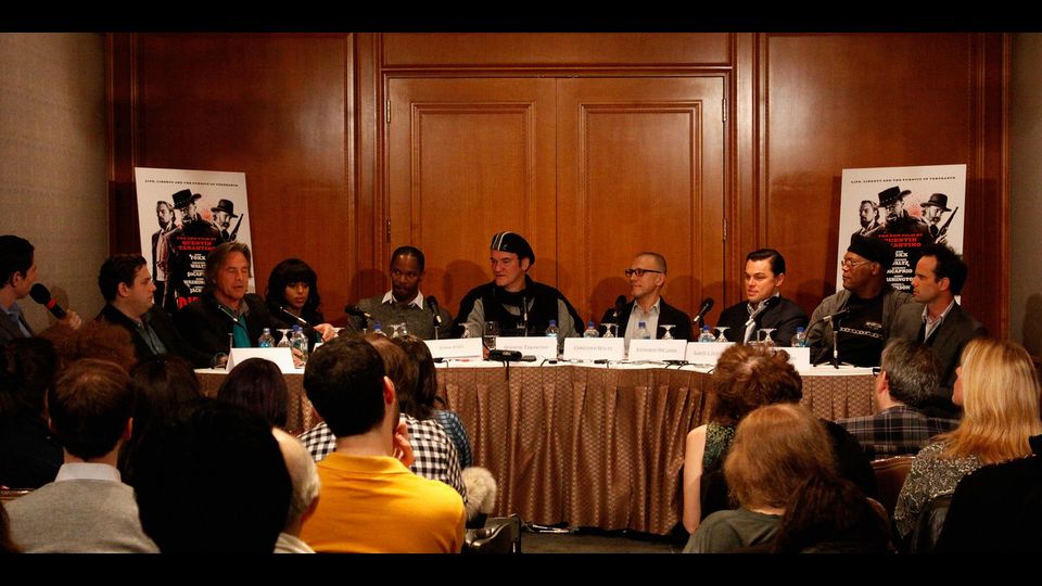 Jonah Hill, Don Johnson, Kerry Washington, Jamie Foxx, Quentin Tarantino, Christoph Waltz, Leonardo DiCaprio, Samuel L. Jackson e Walton Goggins in conferenza stampa per la presentazione a New York di &quot;Django Unchained&quot;, 2012 (AfP)&nbsp;