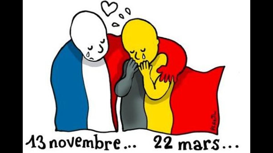 &nbsp;&nbsp;Bruxelles, la solidariet&agrave; corre su Twitter. L'omaggio del vignettista di Le Monde, Plant&ugrave; (foto da Twitter)