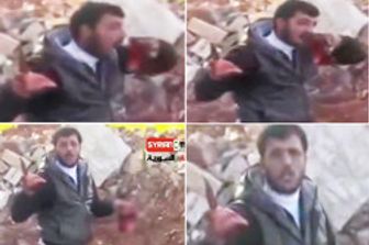 Abu Sakkar, comandante gruppo qaedista Jubath al Nusra, mentre mangia il cuore strappato dal petto di un soldato siriano (Afp)
