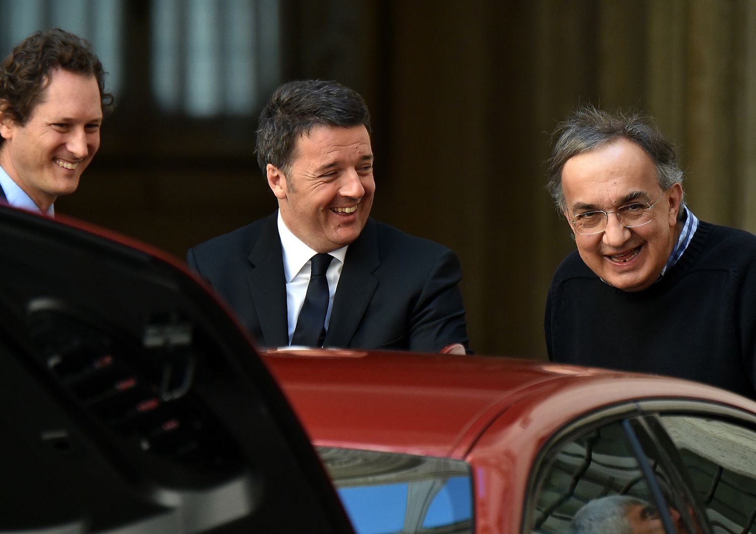 La presentazione della nuova Giulia, automobile dell'Alfa Romeo, nella foto Matteo Renzi con Sergio Marchionne e John Elkann