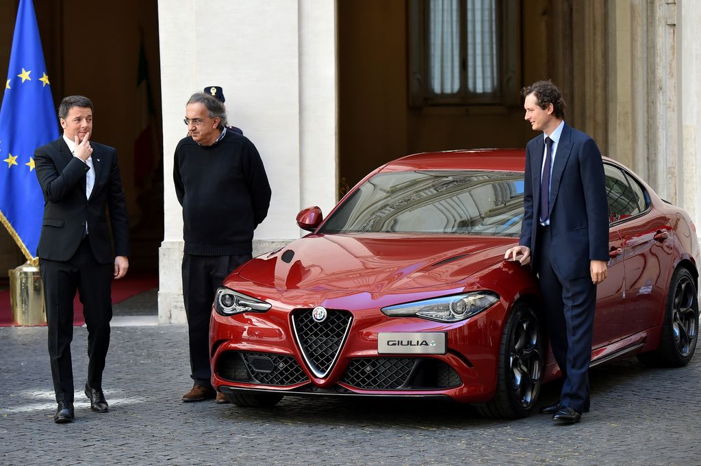 La presentazione della nuova Giulia, con Matteo Renzi, Sergio Marchionne e John Elkann