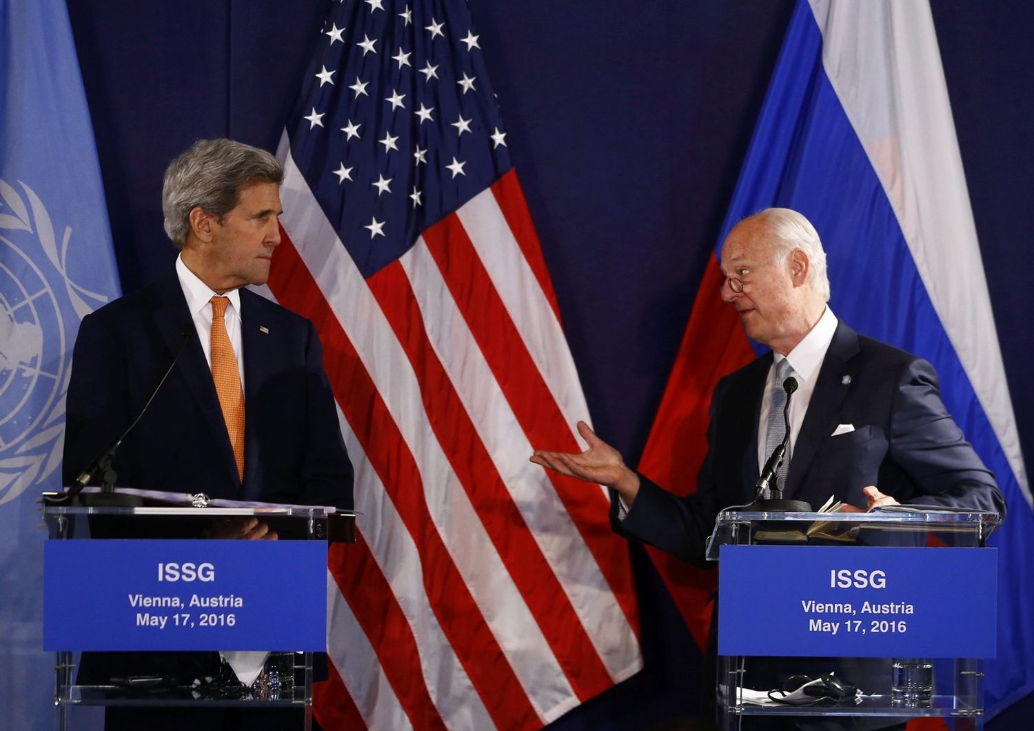 &nbsp;John Kerry e Staffan De Mistura vertice Siria (Afp)