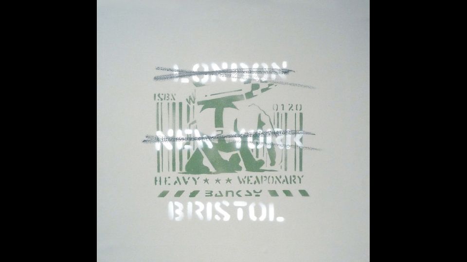 &nbsp;Heavy weaponry (London, New York, Bristo) 2000 Stencil and spray paint on canvas 57 x 54 cm