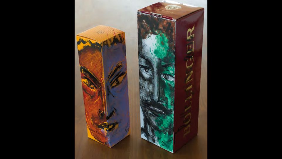 Bollinger e Veuve Clicquot, 2016, acrilico su scatola di cartone&nbsp;