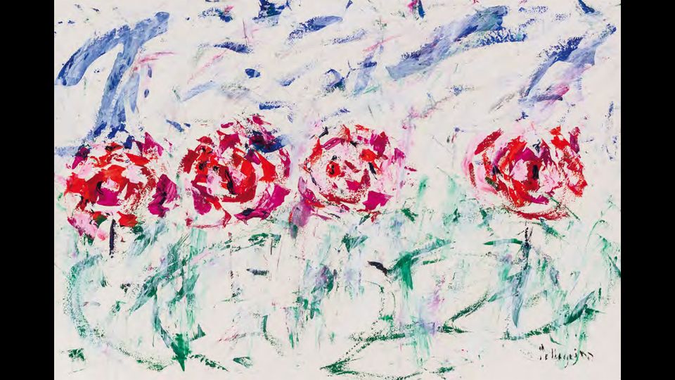 Quattro rose rosse, 2016, acrilico su carta, 56 x 83 cm&nbsp;