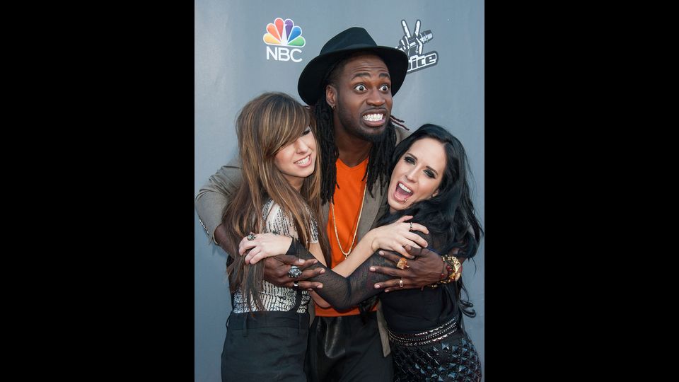 Christina Grimmie, Delvin Scelta e Kat Perkins arrivanio alla NBC &quot;The Voice&quot;  il 15 aprile 2014 a Universal City, California (Afp)