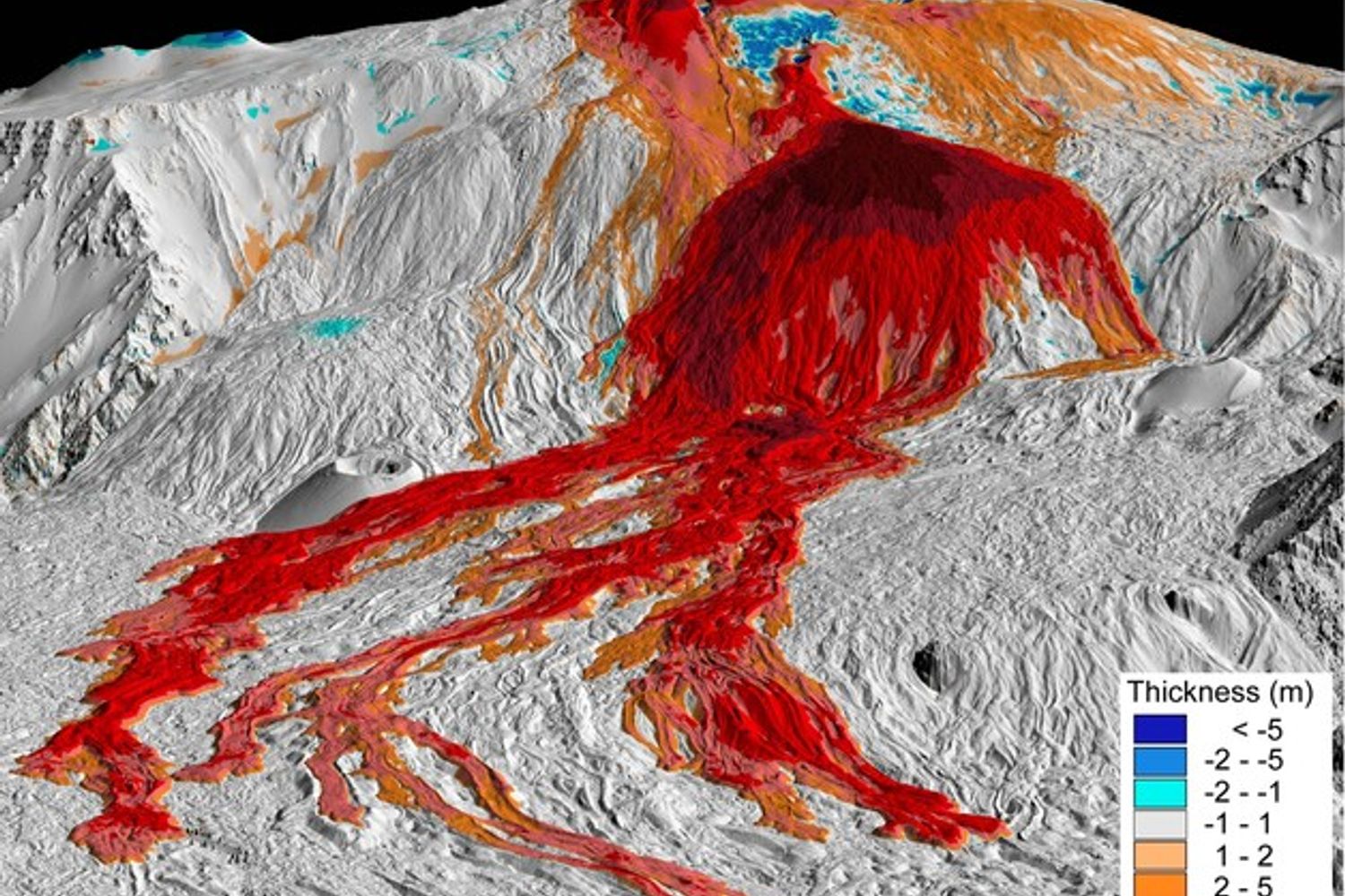 Etna. Figura 1 - Vista prospettica 3D dell'Etna che mostra lo spessore dei depositi (per lo pi&ugrave; colate di lava) emessi tra il 2007 e il 2010 calcolati dalla differenze di DEM LIDAR successivi. I DEM sorgente hanno una risoluzione di 1 m. Il punto di vista ha un azimut di 105&deg; e un angolo di elevazione di 15&deg;. Elaborazione grafica: INGV Pisa.&nbsp;