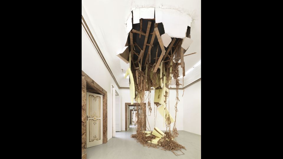 Break-through (one) - 2013 - white polystyrene, tape, cardboard, wood, paint - variabledimensions, photo: Luciano Romano, courtesy of Galleria Alfonso Artiaco&nbsp;