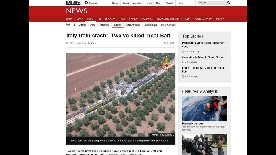 BBC - Scontro ferroviario, 12 morti vicino Bari&nbsp;