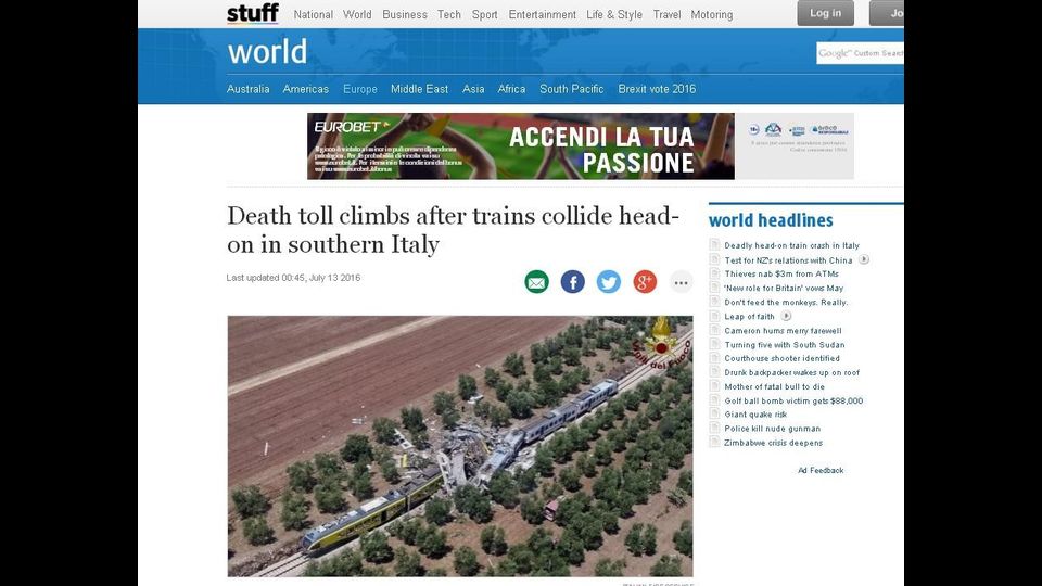 Stuff&nbsp;- Cresce il bilancio delle vittime dopo lo scontro frontale fra treni nell'Italia meridionale&nbsp;