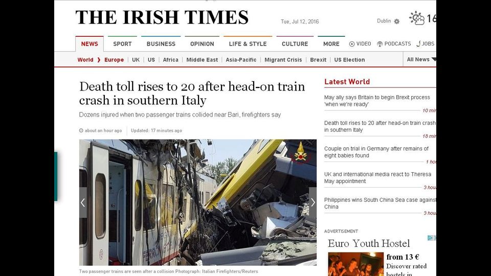 The Irish Times - Il bilancio delle vittime sale a 20 morti dopo lo scontro frontale fra treni nell'Italia meridionale&nbsp;