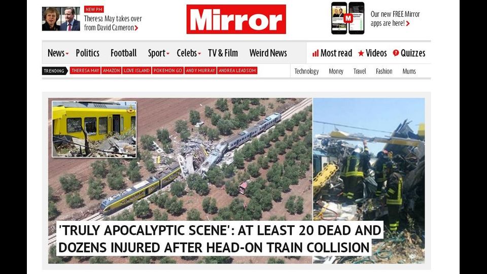 Mirror - 'Una scena davvero apocalittica': almeno 20 morti e decine di feriti dopo uno scontro frontale fra treni&nbsp;