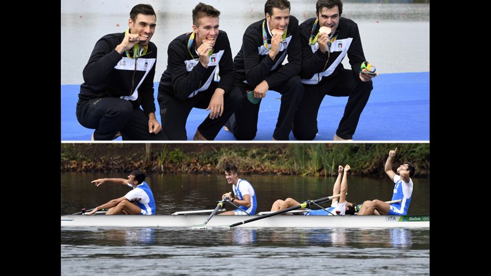 Matteo Castaldo, Domenico Montrone, Matteo Lodo, Giuseppe Vicino, medaglia di bronzo nel canottaggio. Specialit&agrave; 4 senza (Afp)&nbsp;