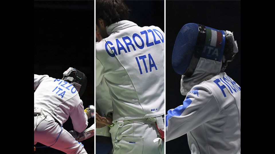 Marco Fichera, Enrico Garozzo, Paolo Pizzo, medaglia d'argento nella scherma. Specialit&agrave; spada a squadre (Afp)