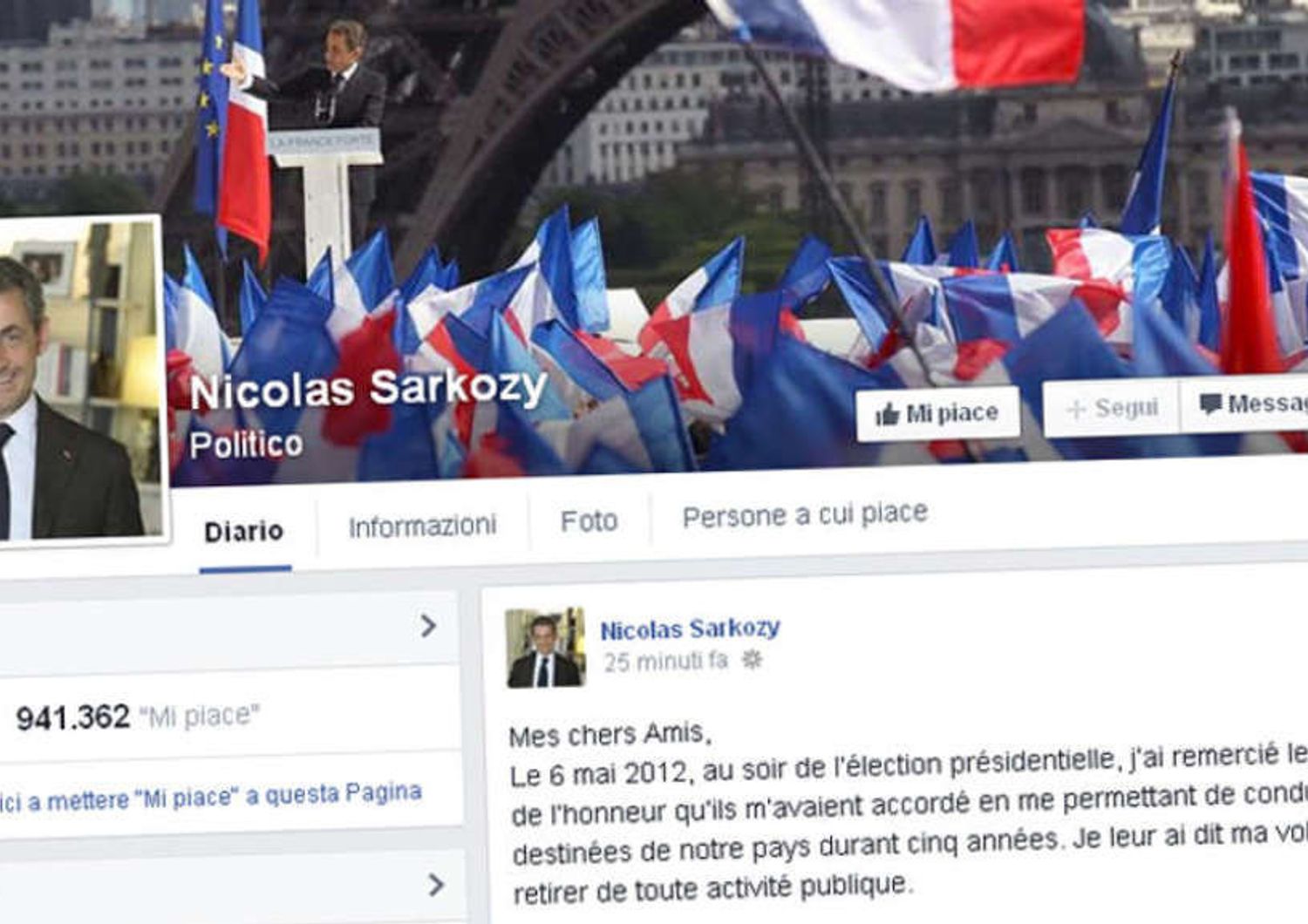 Sarkozy ritorna alla politica, l'annuncio su Facebook