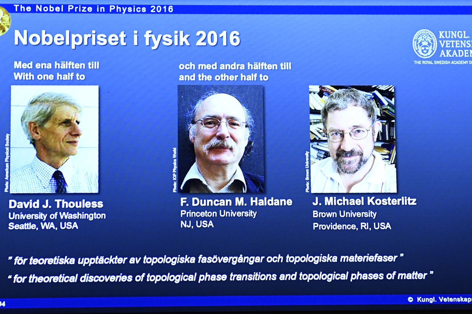 Foto nobel fisica Thouless Haldane Kosterlitz (Afp)&nbsp;