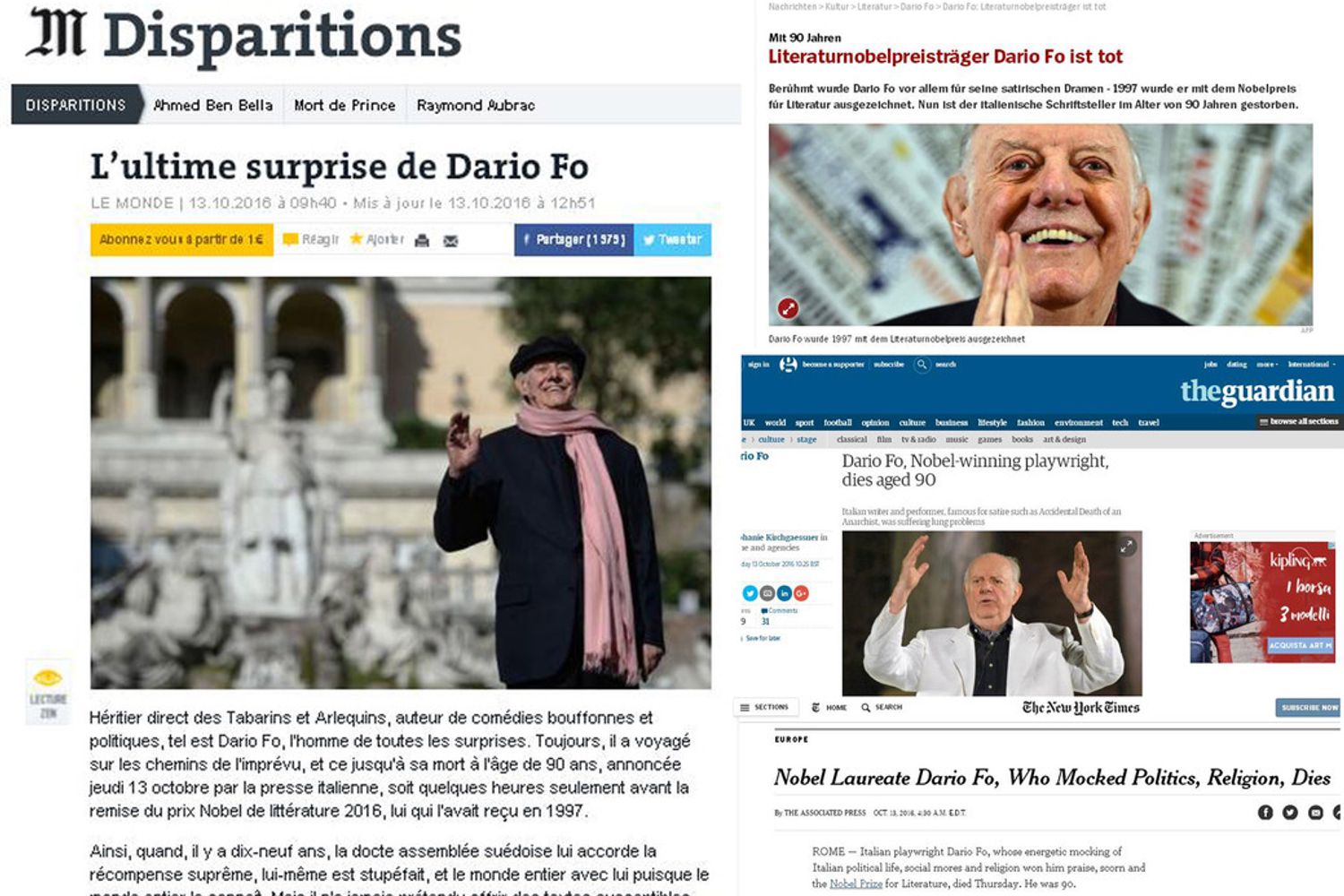 &nbsp;L'addio a Fo sui giornali di tutto il mondo