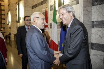 &nbsp;Gentiloni riceve Ghannouchi (foto twitter Farnesina)&nbsp;