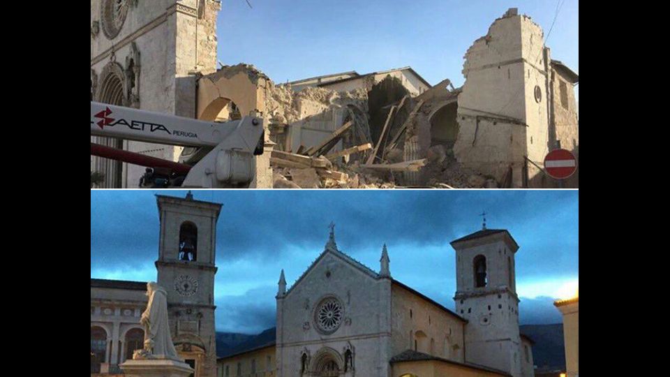 Terremoto centro Italia Basilica San Benedetto a Norcia distrutta (foto di Marco Traini, Agi)&nbsp;