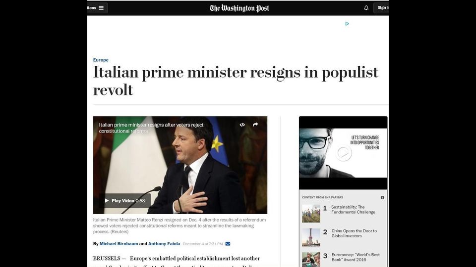 Il referendum visto dal Washington Post: &nbsp;&quot;L'assediato establishment politico europeo ha perso un altro round, domenica, nel tentativo di fermare il movimento anti-elite, con il presidente del Consiglio italiano, Matteo Renzi, che si &egrave; dimesso dopo che gli elettori hanno bocciato le sue riforme costituzionali&quot;.&nbsp;