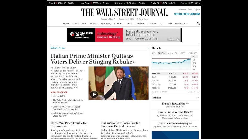 Il referendum visto dal Wall Street Journal:&nbsp;&quot;Un vittoria populista nel cuore dell'Europa&quot;.&nbsp;