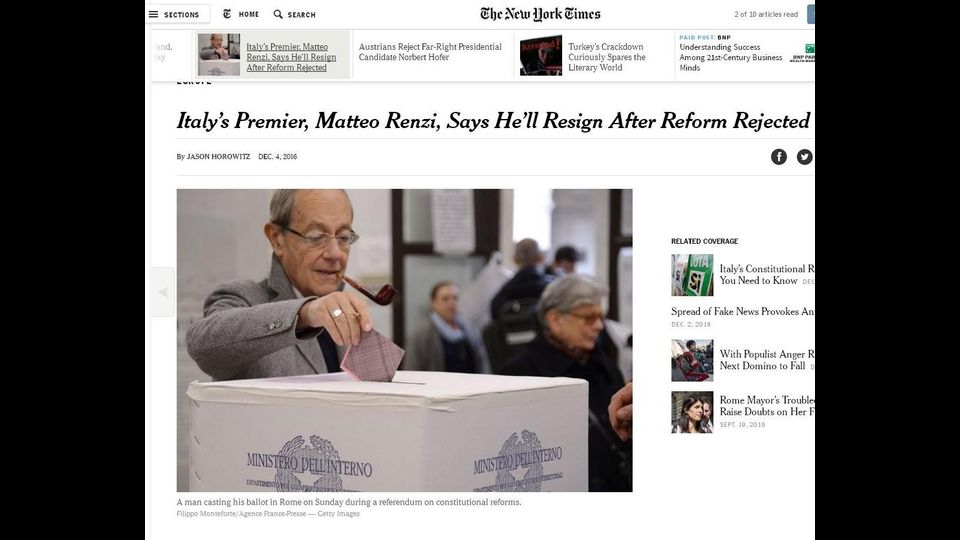 Il referendum visto dal New York Times: si segnala&nbsp;il rischio di &quot;una rinnovata e verosimilmente contagiosa crisi finanziaria in Italia, dove le banche sono piene di crediti deteriorati e gli investitori, di cui hanno disperatamente bisogno, saranno cacciati dal ritorno dell'instabilit&agrave;&nbsp;italiana&quot;.