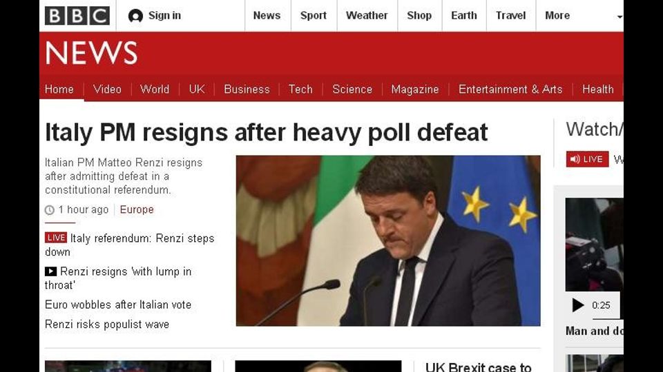 Il referendum visto dalla Bbc: &quot;I leader della Ue non hanno dormito stanotte, dopo le dimissioni dell'ultimo premier di sinistra in Europa&quot;