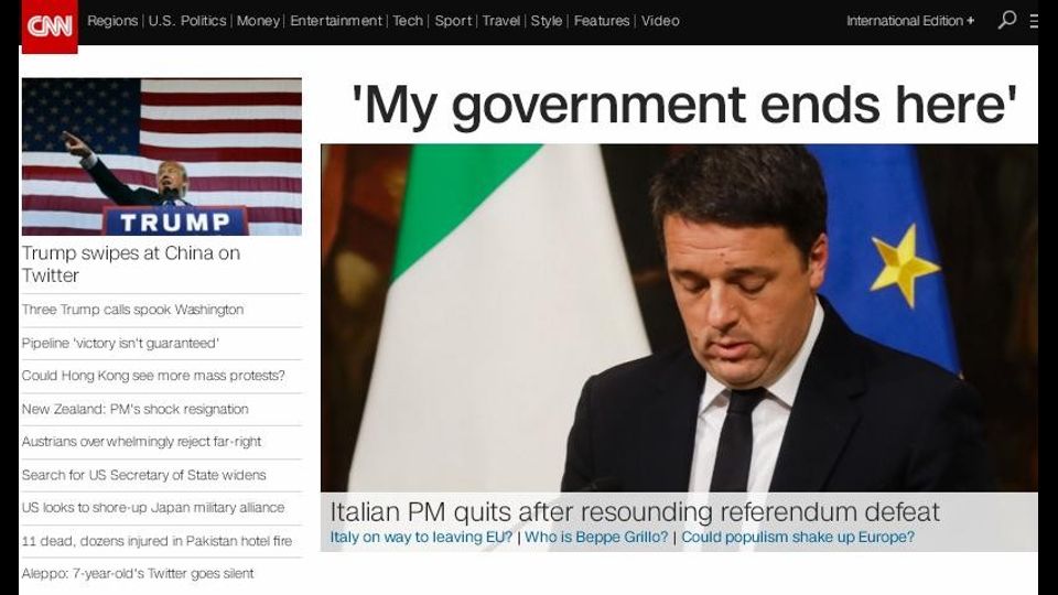 Il referendum visto dalla Cnn: I populisti 'cacciano' il premier italiano dopo una clamorosa sconfitta al referendum
