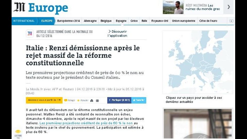 Il referendum visto da Le Monde: il rischio di una incertezza politica ed economica in Italia, che arriva dopo lo choc della Brexit e nel pieno dell'ascesa in Europa dei movimenti populisti &nbsp;