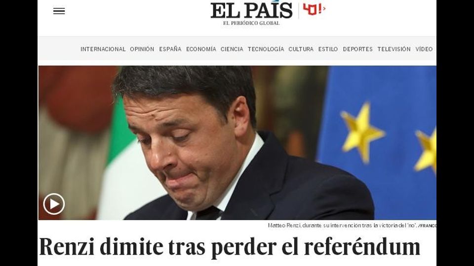 Il referendum visto da El Pais: la sconfitta di Renzi &quot;apre nuovi dubbi e perplessita' sul progetto europeo&quot;