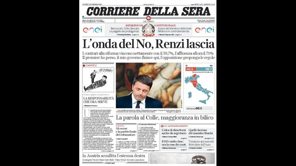 Prima pagina 'Corriere della Sera'