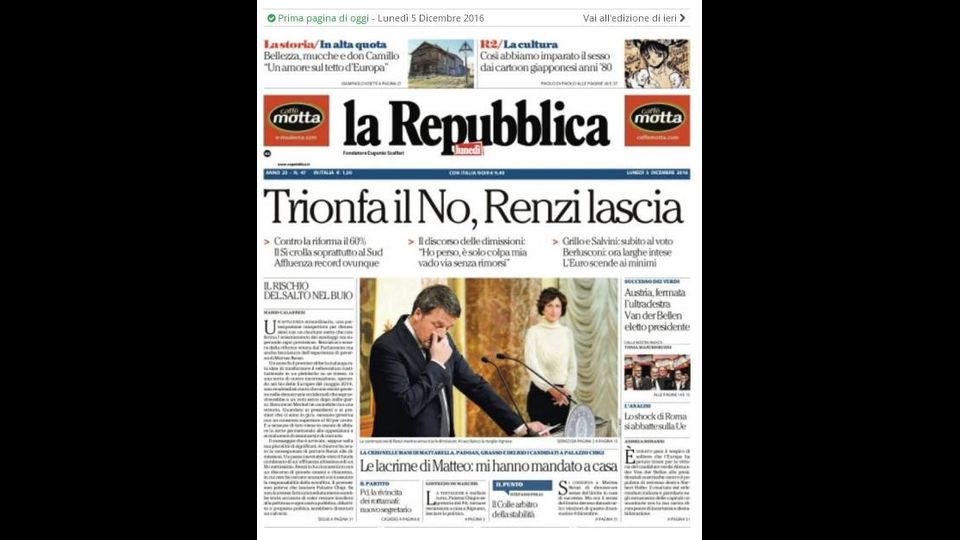 &nbsp;Prima pagina 'La Repubblica'