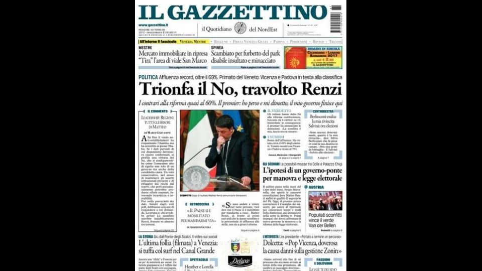 &nbsp;Prima pagina 'Il Gazzettino'