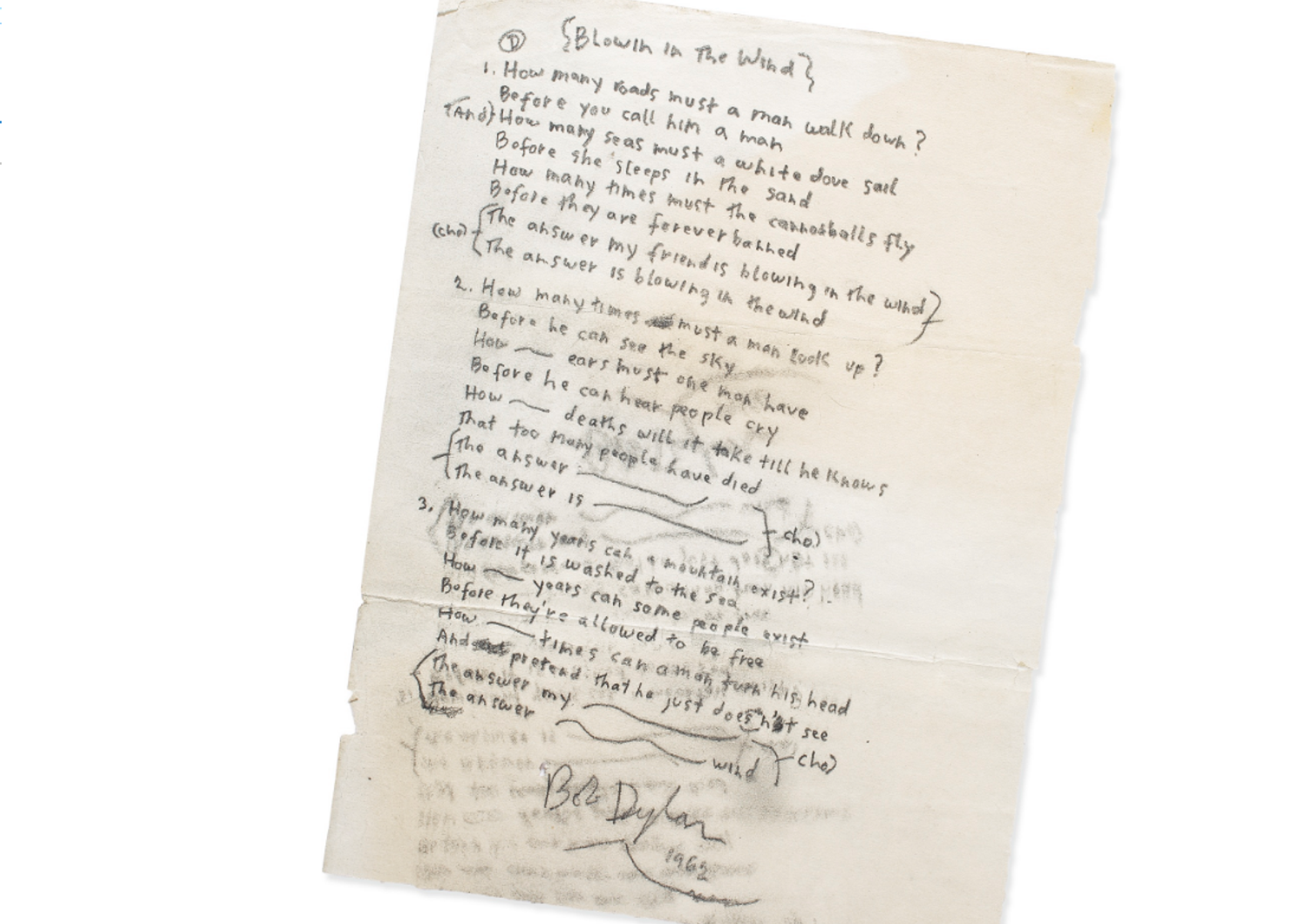 &nbsp;Bob Dylan, Blowing in the Wind - manoscritto Sotheby's