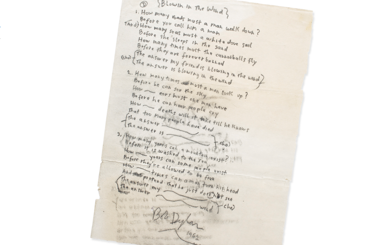 &nbsp;Bob Dylan, Blowing in the Wind - manoscritto Sotheby's