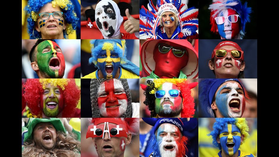 Un collage con i volti dei tifosi delle squadre che partecipano a Euro 2016 in Francia (foto Afp)
