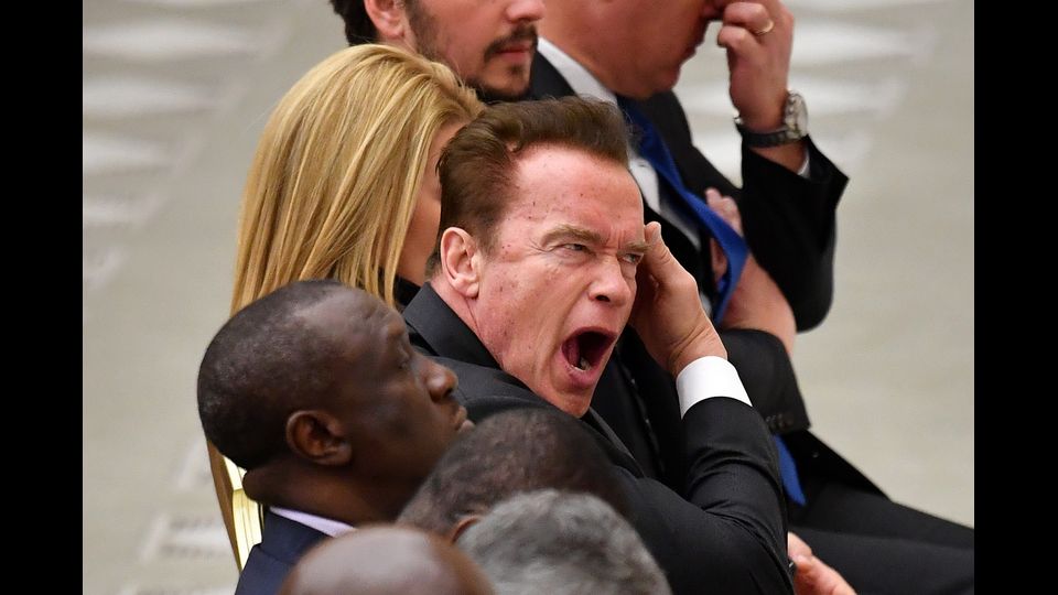 Nell'udienza generale del mercoled&igrave;' Arnold Schwarzenegger e la sua compagna Heather Milligan ricevuti da Papa Francesco (Afp)&nbsp;