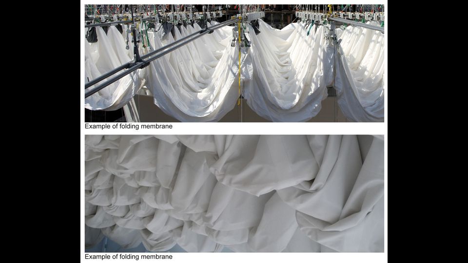 Il progetto prevede il raccoglimento del telo di copertura (circa 12mila metri quadrati) su un unico lato a scorrimento (1 classificato)