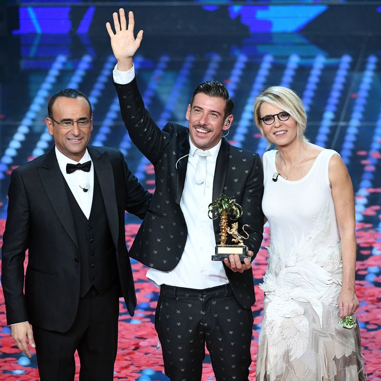 Francesco Gabbani, vincitore del Festival di Sanremo con Carlo Conti e Maria de Filippi (Agf)&nbsp;