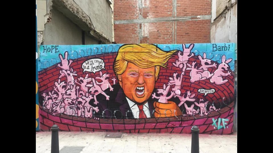 A pochi giorni dalle elezioni americane, su un muro di Valencia fa la sua comparsa un&rsquo;opera degli  artisti spagnoli Barbiturikills e Hope. Increduli per il risultato i due raffigurano il neo-eletto presidente con la bocca spalancata, il ciuffo al vento e un coniglio, tipico delle opere di Barbiturikills, stretto tra le mani. Un alto muro di mattoncini  circonda l&rsquo;intera scena. &ldquo;Non riusciamo a credere alle notizie. Sembra un orribile scherzo. Ecco perch&eacute; lo abbiamo dipinto&rdquo;, commentano i due artisti.