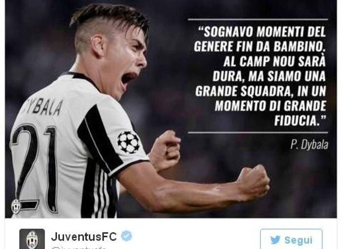 dybala esulta in juve-barcellona (foto twitter profilo Juventus)&nbsp;