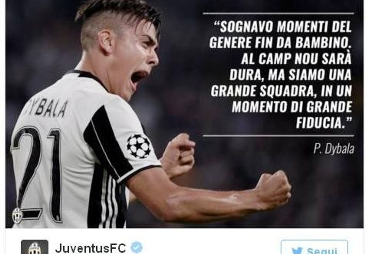dybala esulta in juve-barcellona (foto twitter profilo Juventus)&nbsp;