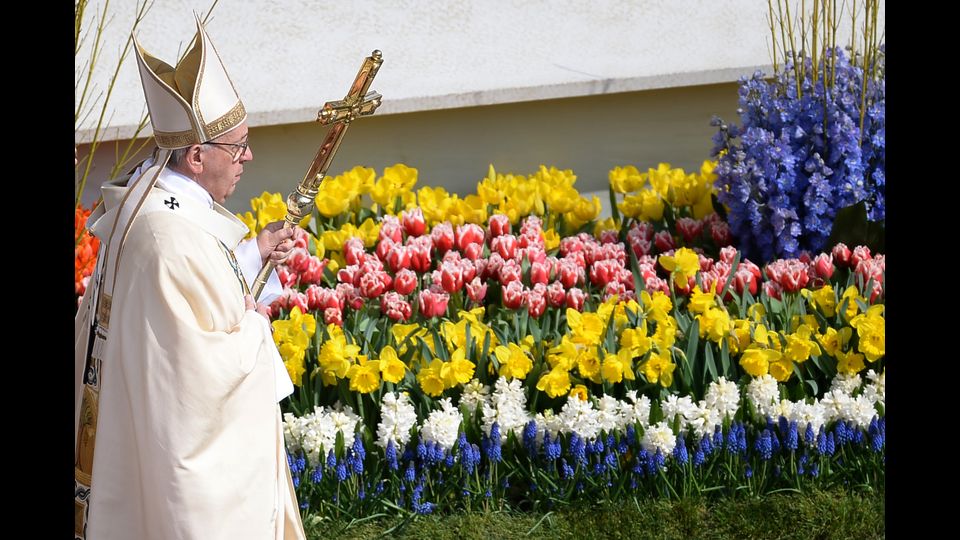 &quot;Attraverso i tempi, il Pastore Risorto - ha detto Papa Bergoglio affacciato dalla loggia della Basiica di San Pietro dopo la messa celebrata in piazza - non si stanca di cercare noi, suoi fratelli smarriti nei deserti del mondo. E con i segni della Passione - le ferite del suo amore misericordioso - ci attira sulla sua via, la via della vita. Anche oggi Egli prende sulle sue spalle tanti nostri fratelli e sorelle oppressi dal male nelle sue diverse forme&quot;. &nbsp;(foto&nbsp;AFP)