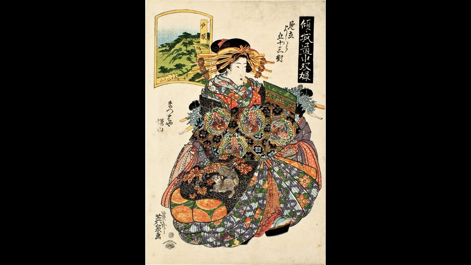 Keisai Eisen - Totsuka: Masuyama di Matsubaya, dalla serie gioco del Tokaido con cortigiane: Cinquatatre coppie a Yoshiwara, 1825