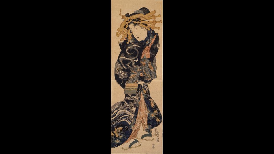Keisai Eisen - Cortigiana che indossa un abitto con disegni di nuvole e dragoni. (1818 - 1830)&nbsp;