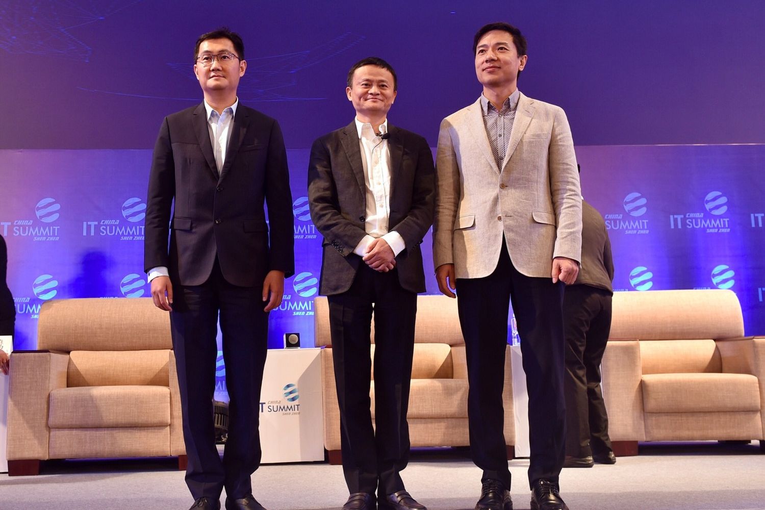 &nbsp;Pony Ma (1st L), Jack Ma (C) and Robin Li (1st R), the heads of Internet giants Tencent, Alibaba and Baidu